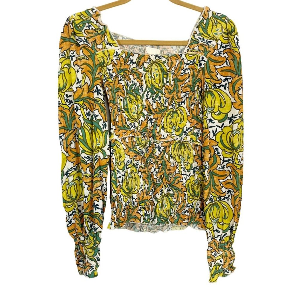 by Anthropologie‎ Rayna Relaxed Blouse Square Neck Smocked Peasant - Size XS